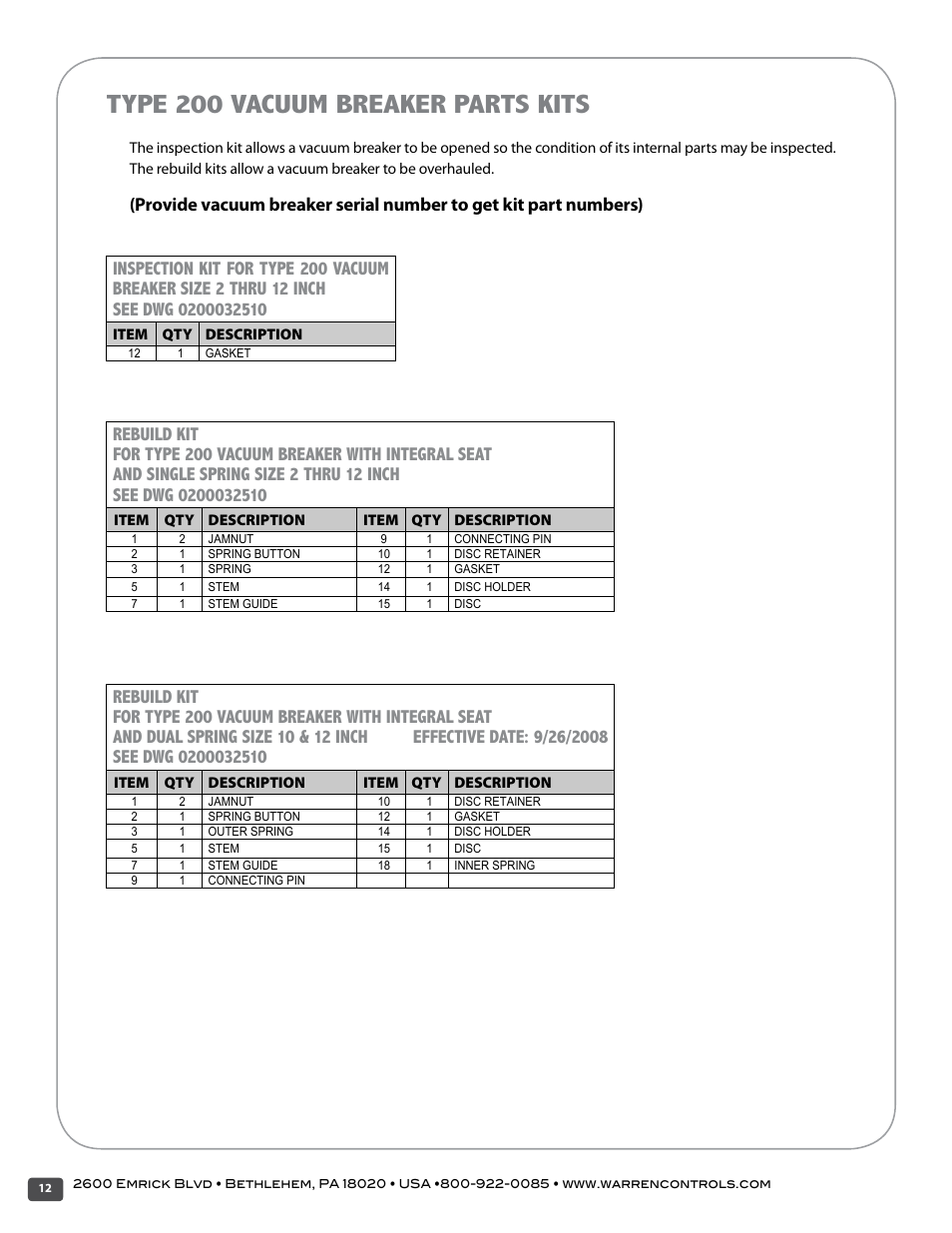 Type 200 vacuum breaker parts kits | Warren Controls 200 Vacuum Breaker User Manual | Page 12 / 16