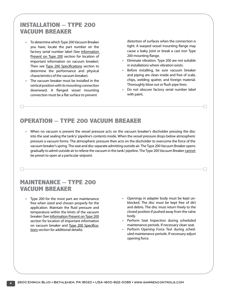 Installation – type 200 vacuum breaker, Operation – type 200 vacuum breaker, Maintenance – type 200 vacuum breaker | Warren Controls 200 Vacuum Breaker User Manual | Page 4 / 16