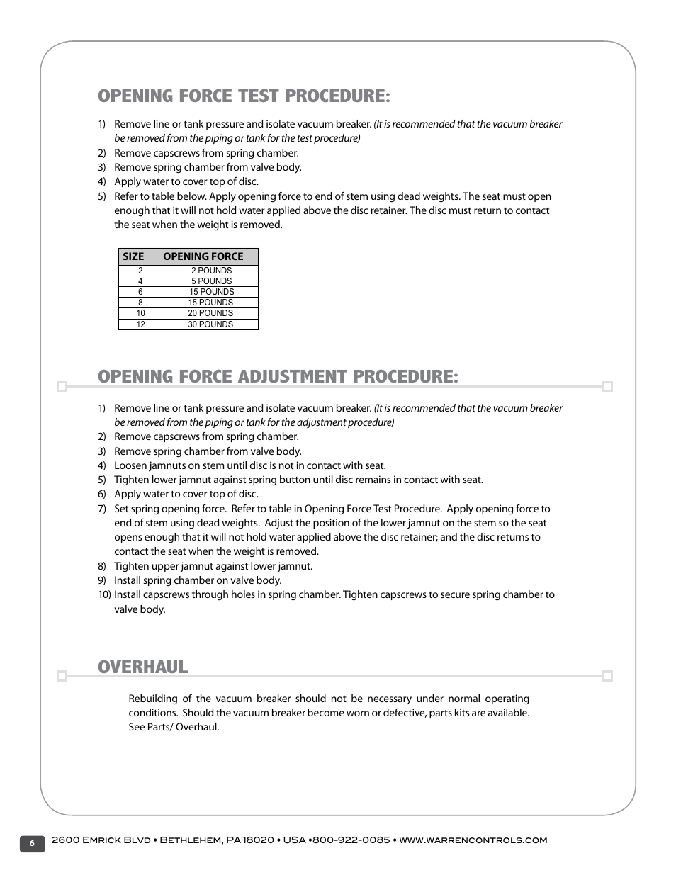 Opening force test procedure, Opening force adjustment procedure, Overhaul | Warren Controls 200 Vacuum Breaker User Manual | Page 6 / 16