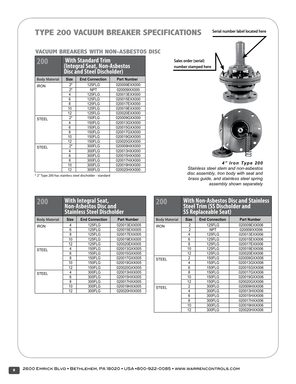 Type 200 vacuum breaker specifications, Vacuum breakers with non-asbestos disc | Warren Controls 200 Vacuum Breaker User Manual | Page 8 / 16