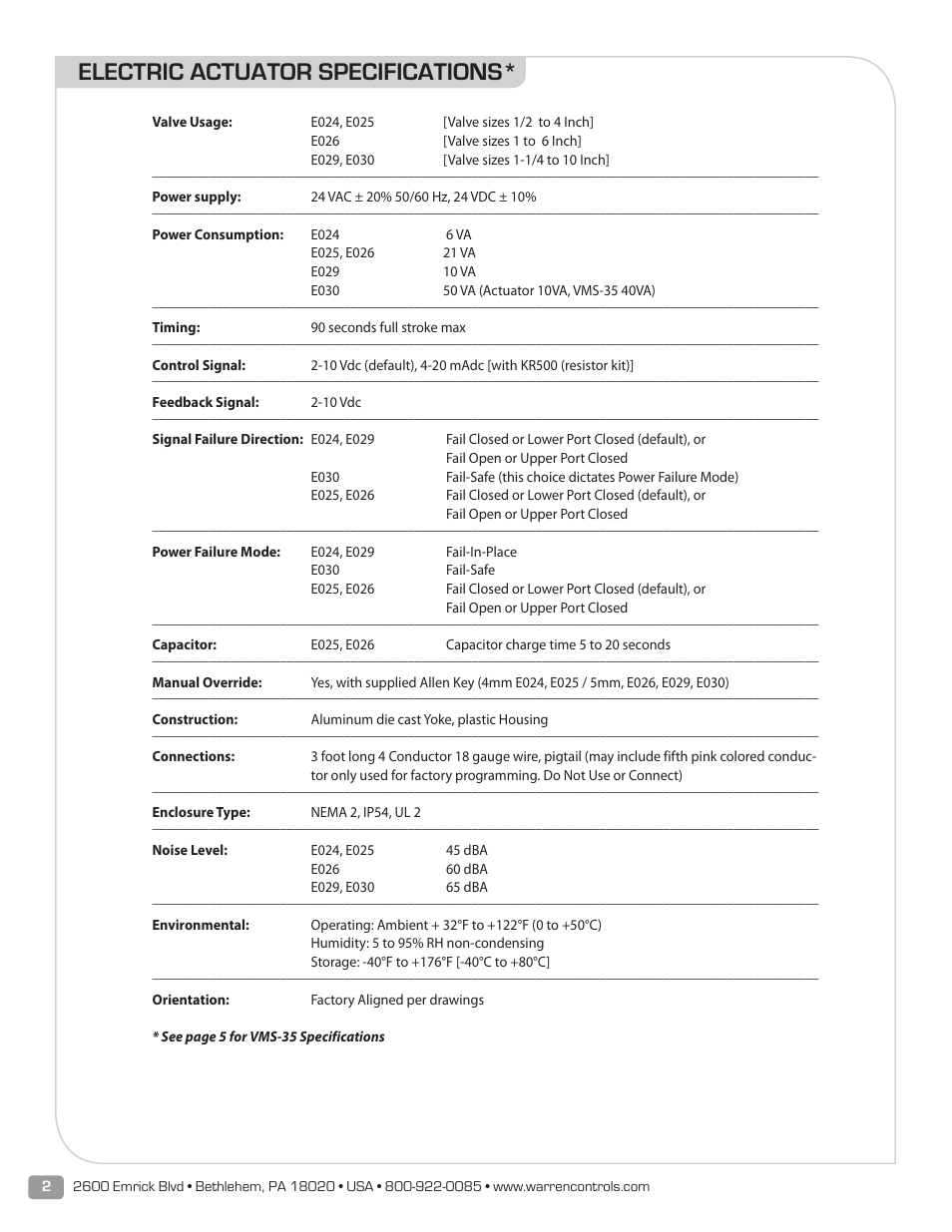 Electric actuator specifications | Warren Controls E030 Electric Actuator User Manual | Page 2 / 16