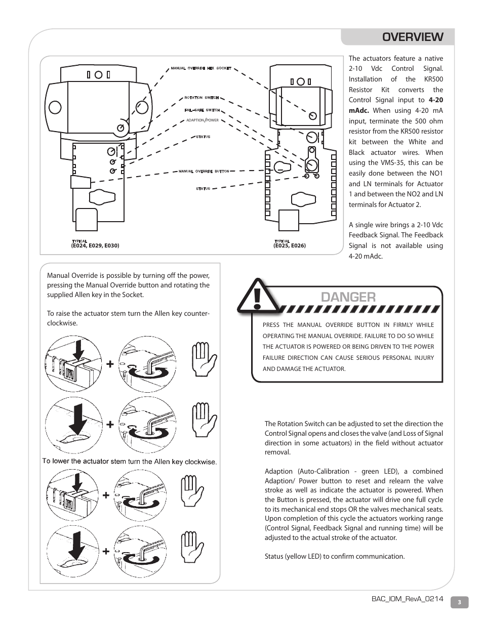 Danger, Overview | Warren Controls E030 Electric Actuator User Manual | Page 3 / 16