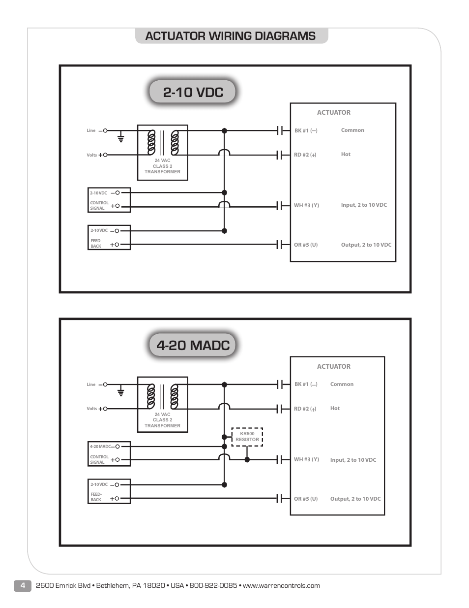 10 vdc, 20 madc, Actuator wiring diagrams | Warren Controls E030 Electric Actuator User Manual | Page 4 / 16