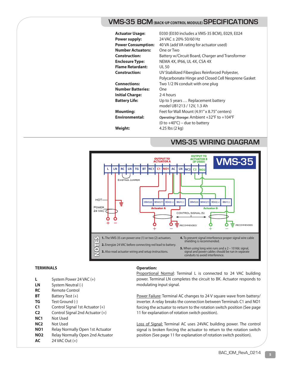 Vms-35, Vms-35 wiring diagram, Vms-35 bcm | Specifications, No tes | Warren Controls E030 Electric Actuator User Manual | Page 5 / 16