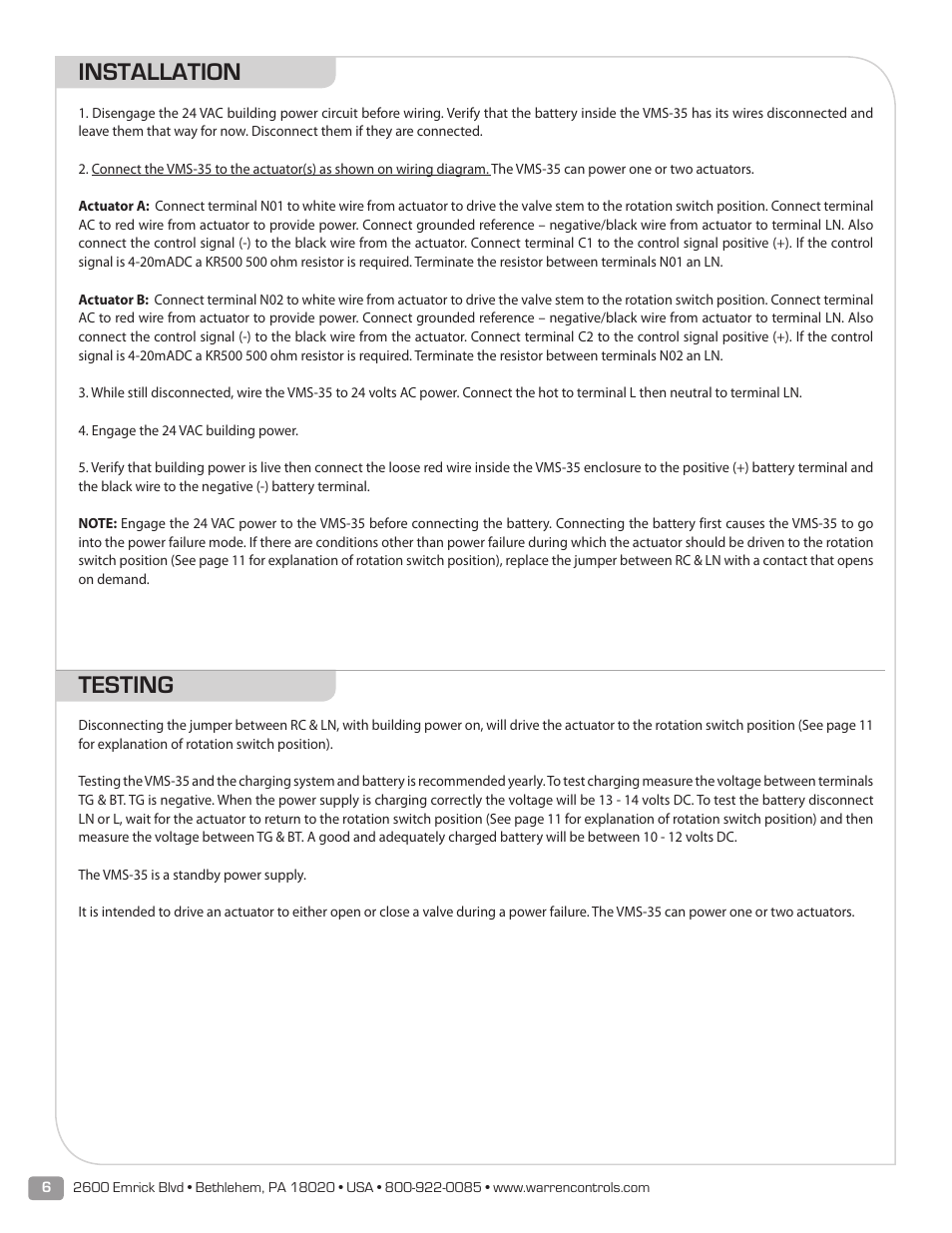 Installation, Testing | Warren Controls E030 Electric Actuator User Manual | Page 6 / 16