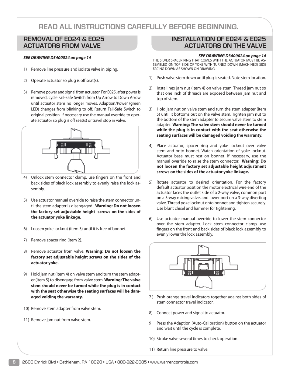 Read all instructions carefully before beginning | Warren Controls E030 Electric Actuator User Manual | Page 8 / 16