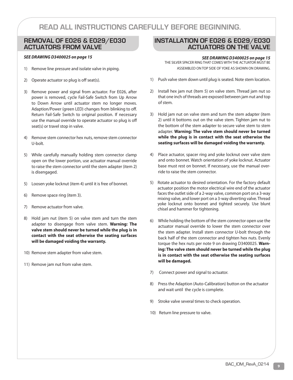 Read all instructions carefully before beginning | Warren Controls E030 Electric Actuator User Manual | Page 9 / 16