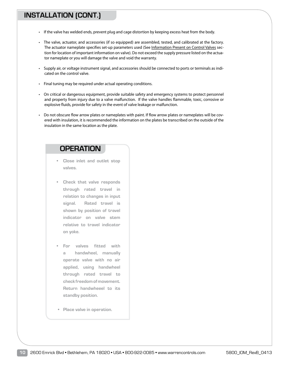 Operation, Installation (cont.) | Warren Controls 5800 Series Compact Globe Control Valves User Manual | Page 10 / 24