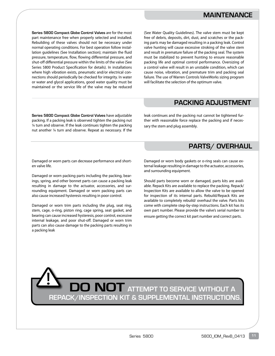 Do not | Warren Controls 5800 Series Compact Globe Control Valves User Manual | Page 11 / 24