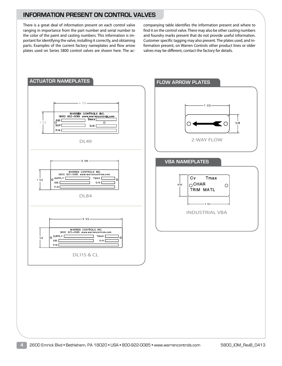 Information present on control valves | Warren Controls 5800 Series Compact Globe Control Valves User Manual | Page 4 / 24