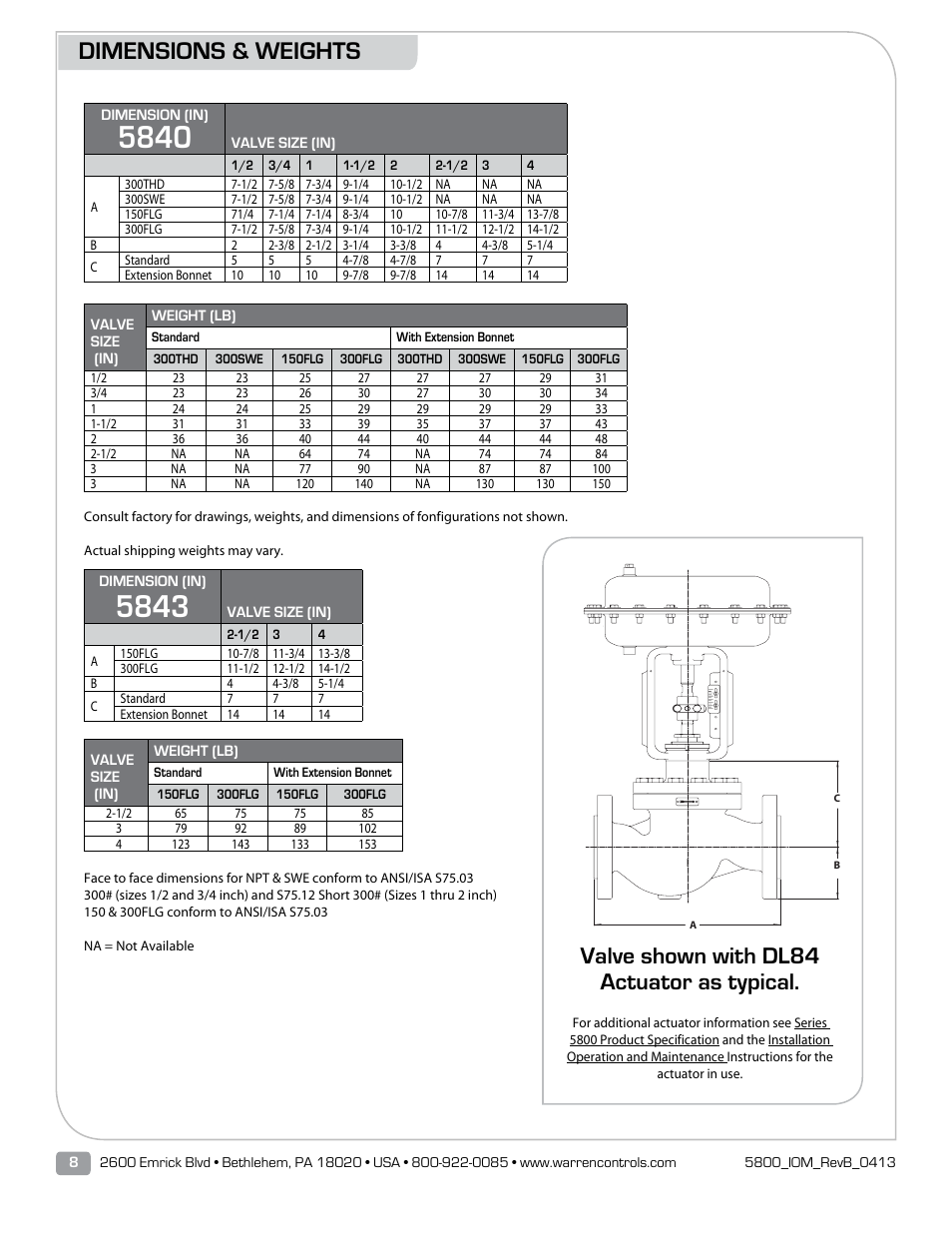 Dimensions & weights, Valve shown with dl84 actuator as typical | Warren Controls 5800 Series Compact Globe Control Valves User Manual | Page 8 / 24