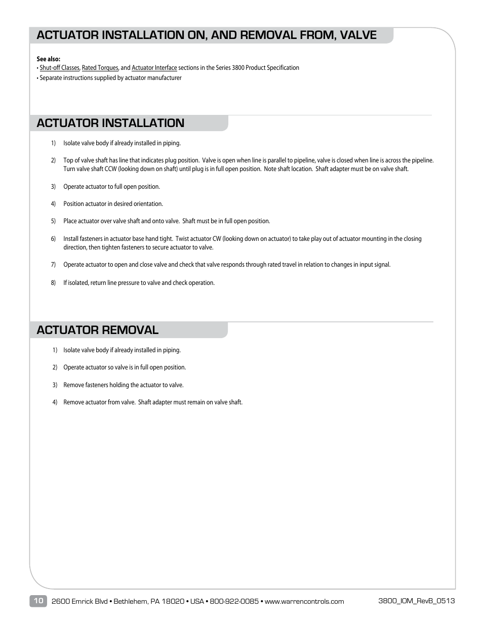 Actuator installation, Actuator removal, Actuator installation on, and removal from, valve | Warren Controls 3800 Series E-BALL ROTARY CONTROL VALVES User Manual | Page 10 / 20