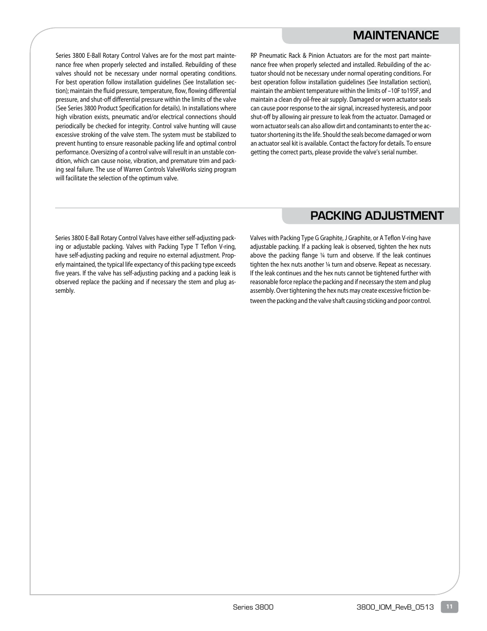 Maintenance packing adjustment | Warren Controls 3800 Series E-BALL ROTARY CONTROL VALVES User Manual | Page 11 / 20