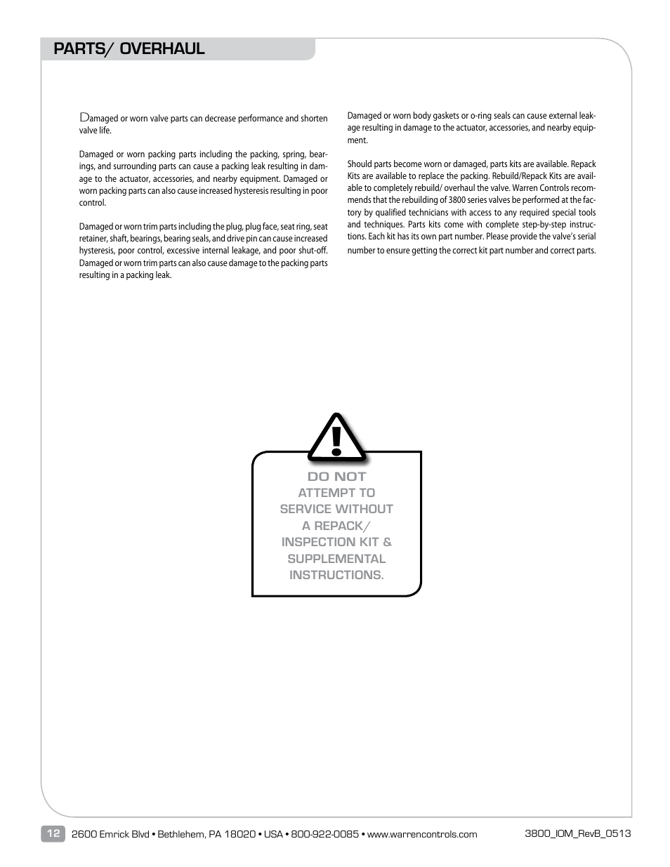 Parts/ overhaul | Warren Controls 3800 Series E-BALL ROTARY CONTROL VALVES User Manual | Page 12 / 20