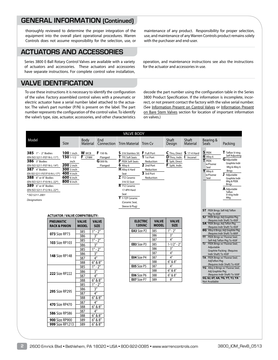 General information, Actuators and accessories valve identification, Continued) | Warren Controls 3800 Series E-BALL ROTARY CONTROL VALVES User Manual | Page 2 / 20