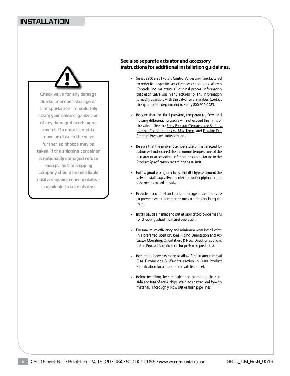 Installation | Warren Controls 3800 Series E-BALL ROTARY CONTROL VALVES User Manual | Page 8 / 20