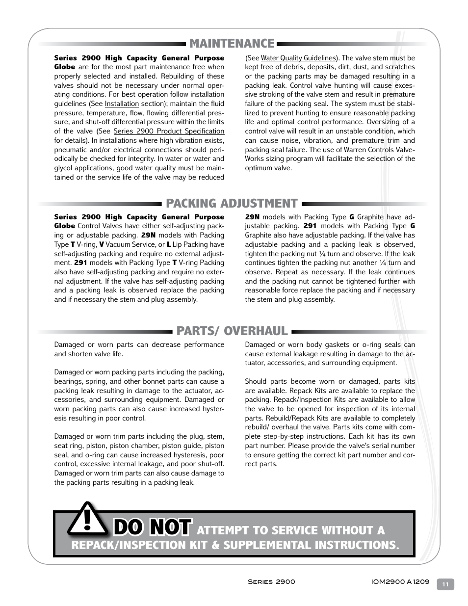 Do not | Warren Controls 2900 Series High Capacity general purpose Globe Valves User Manual | Page 11 / 36