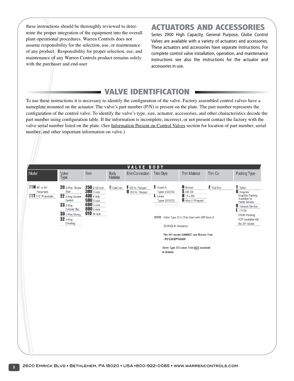 Actuators and accessories, Valve identification | Warren Controls 2900 Series High Capacity general purpose Globe Valves User Manual | Page 2 / 36