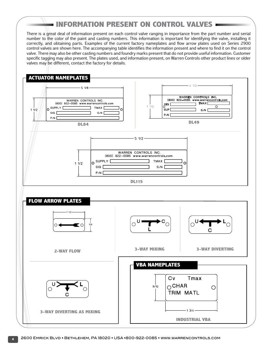 Information present on control valves | Warren Controls 2900 Series High Capacity general purpose Globe Valves User Manual | Page 4 / 36