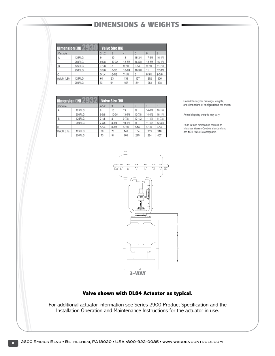 Dimensions & weights | Warren Controls 2900 Series High Capacity general purpose Globe Valves User Manual | Page 8 / 36