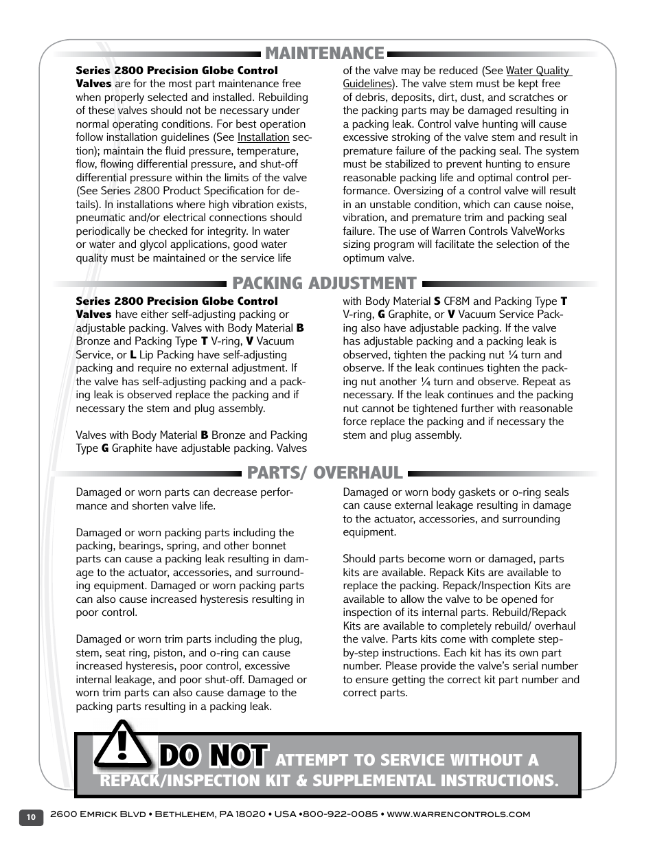 Do not, Maintenance packing adjustment parts/ overhaul | Warren Controls 2800 Series Precision Globe Control Valves User Manual | Page 10 / 32