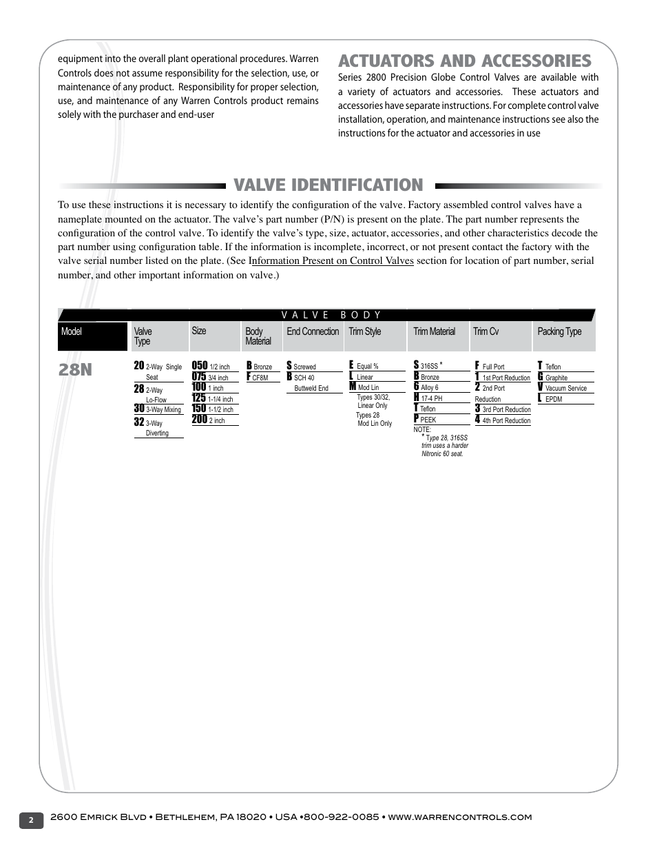 Configurations, Actuators and accessories, Valve identification | Selections, Options | Warren Controls 2800 Series Precision Globe Control Valves User Manual | Page 2 / 32