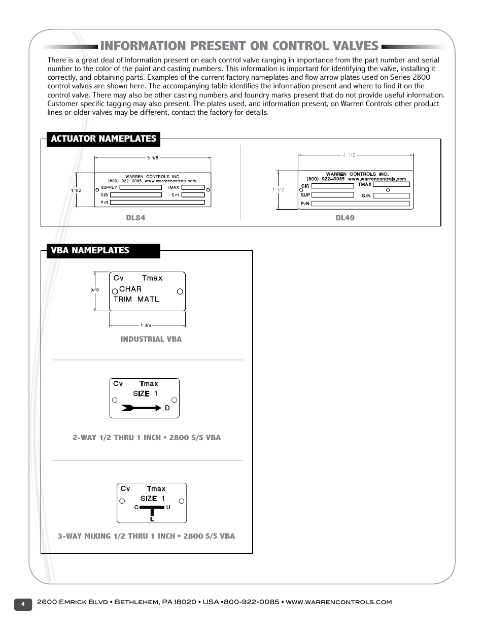 Information present on control valves | Warren Controls 2800 Series Precision Globe Control Valves User Manual | Page 4 / 32