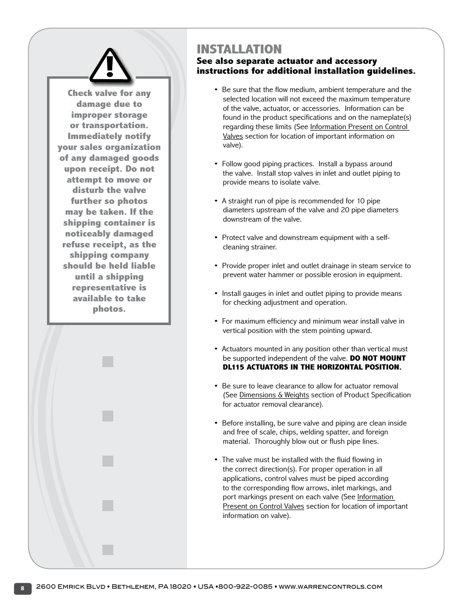 Installation | Warren Controls 2800 Series Precision Globe Control Valves User Manual | Page 8 / 32