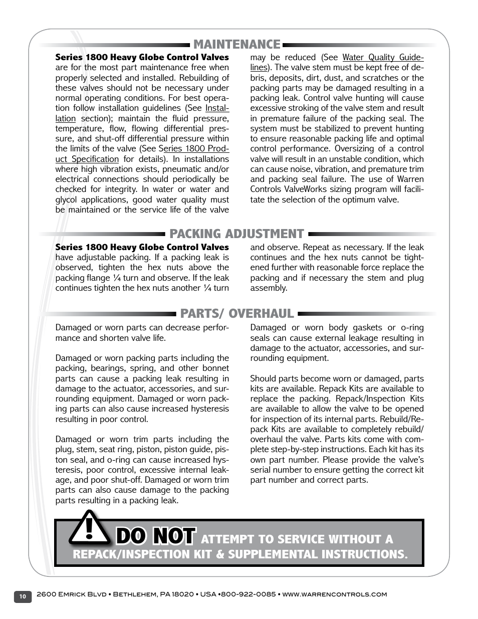 Do not, Maintenance packing adjustment parts/ overhaul | Warren Controls 1800 Series Heavy Globe Control Valves User Manual | Page 10 / 24