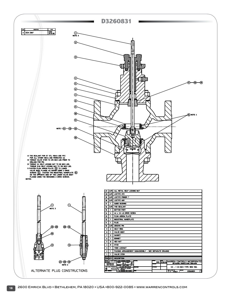 Warren Controls 1800 Series Heavy Globe Control Valves User Manual | Page 18 / 24