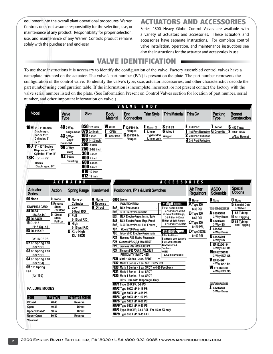 Actuators and accessories, Valve identification | Warren Controls 1800 Series Heavy Globe Control Valves User Manual | Page 2 / 24