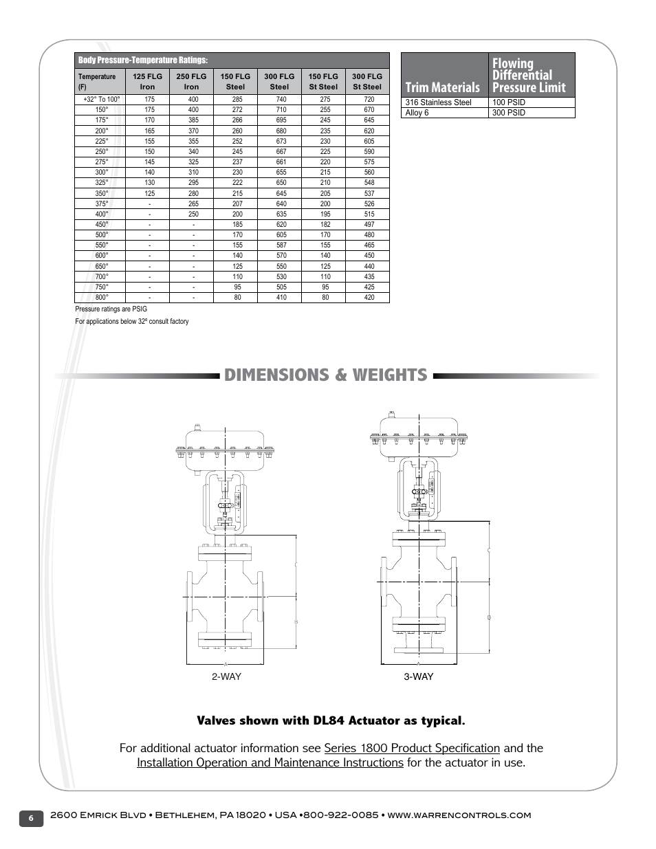 Dimensions & weights, Trim materials flowing differential pressure limit | Warren Controls 1800 Series Heavy Globe Control Valves User Manual | Page 6 / 24