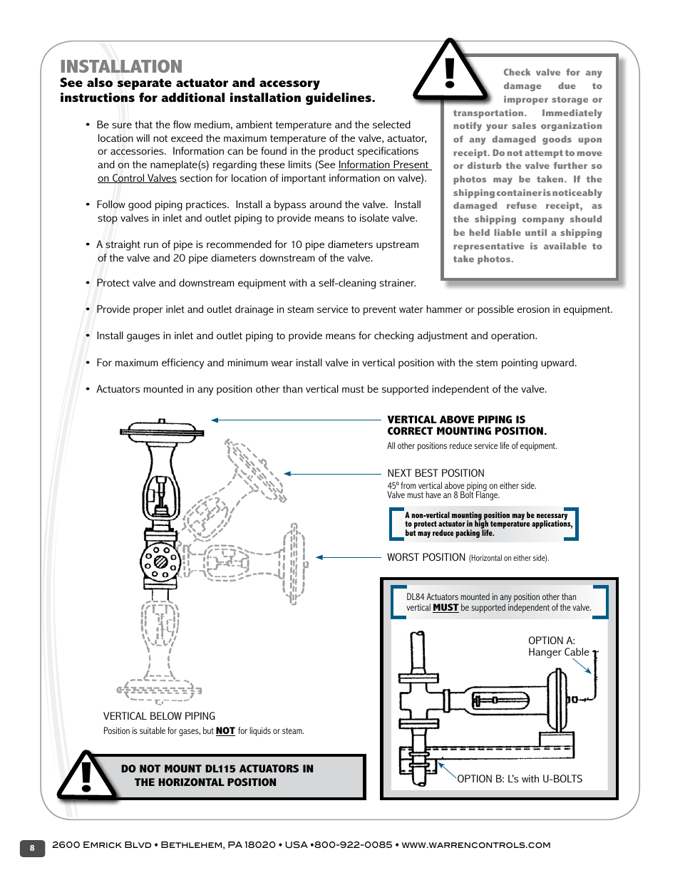 Installation | Warren Controls 1800 Series Heavy Globe Control Valves User Manual | Page 8 / 24