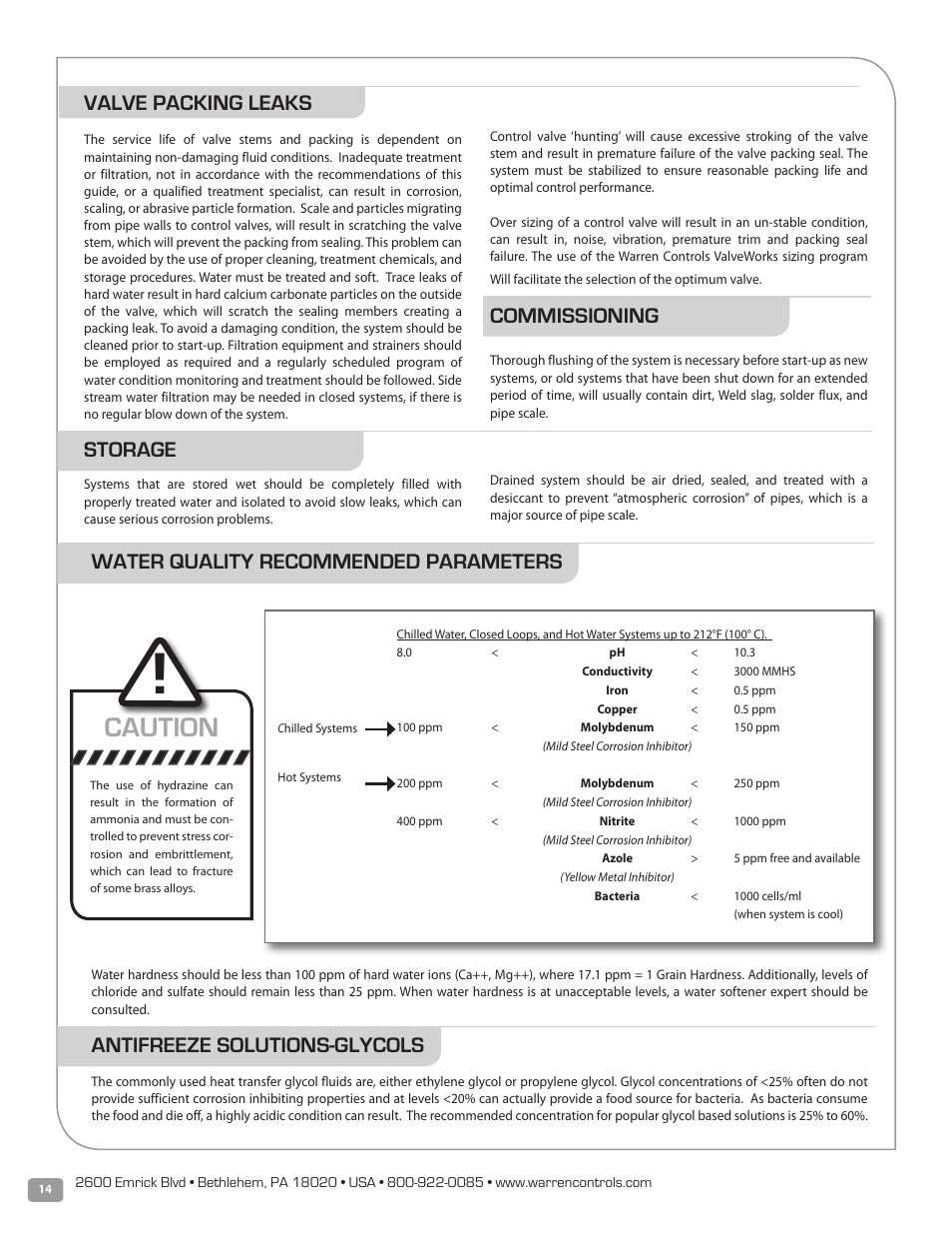 Caution, Valve packing leaks, Commissioning | Antifreeze solutions-glycols, Water quality recommended parameters, Storage | Warren Controls PICV Series User Manual | Page 14 / 40