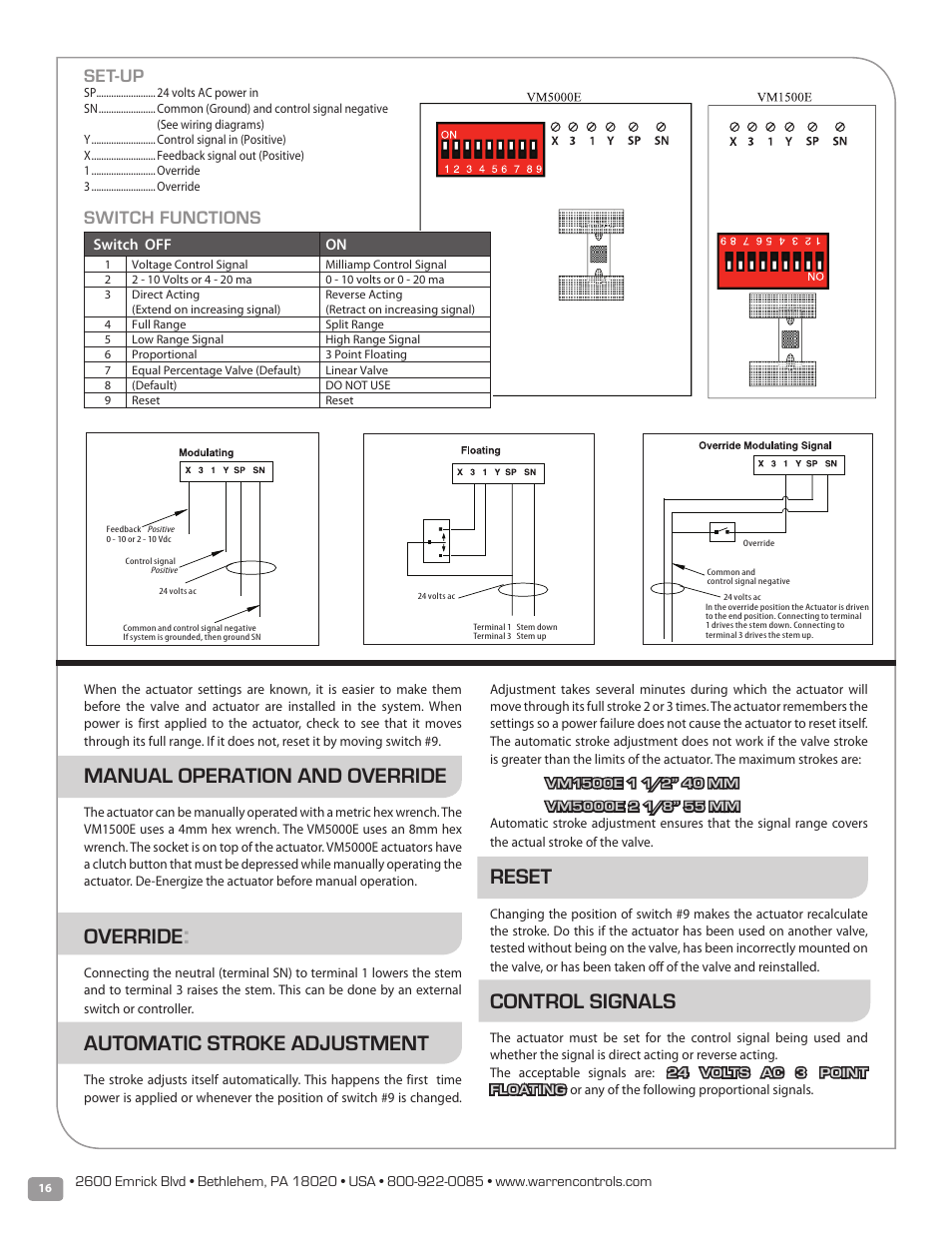 Manual operation and override, Override, Automatic stroke adjustment | Reset, Control signals, Set-up, Switch functions | Warren Controls PICV Series User Manual | Page 16 / 40