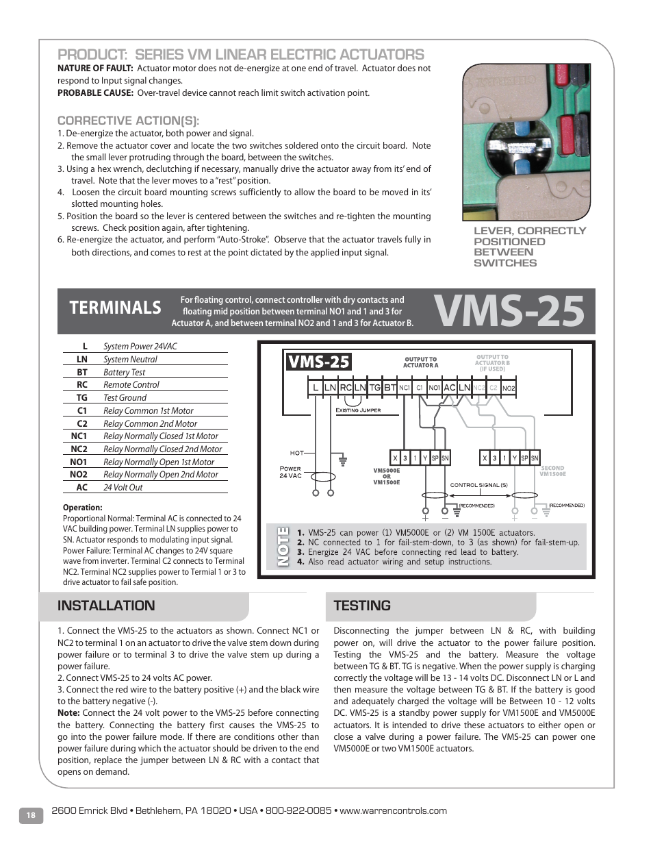 Vms-25, Terminals, Product: series vm linear electric actuators | Installation, Testing | Warren Controls PICV Series User Manual | Page 18 / 40