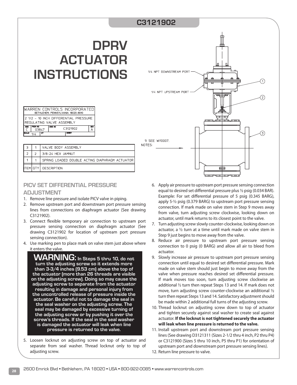 Dprv actuator instructions, Warning | Warren Controls PICV Series User Manual | Page 28 / 40