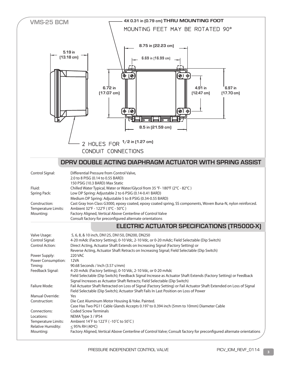 Electric actuator specifications (tr5000-x), Vms-25 bcm | Warren Controls PICV Series User Manual | Page 3 / 40