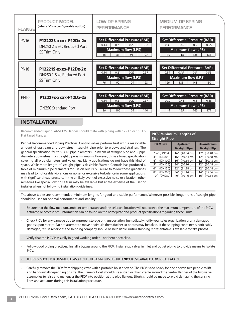 Installation, Product model, Dn250 1 size reduced port ss trim only | Warren Controls PICV Series User Manual | Page 8 / 40