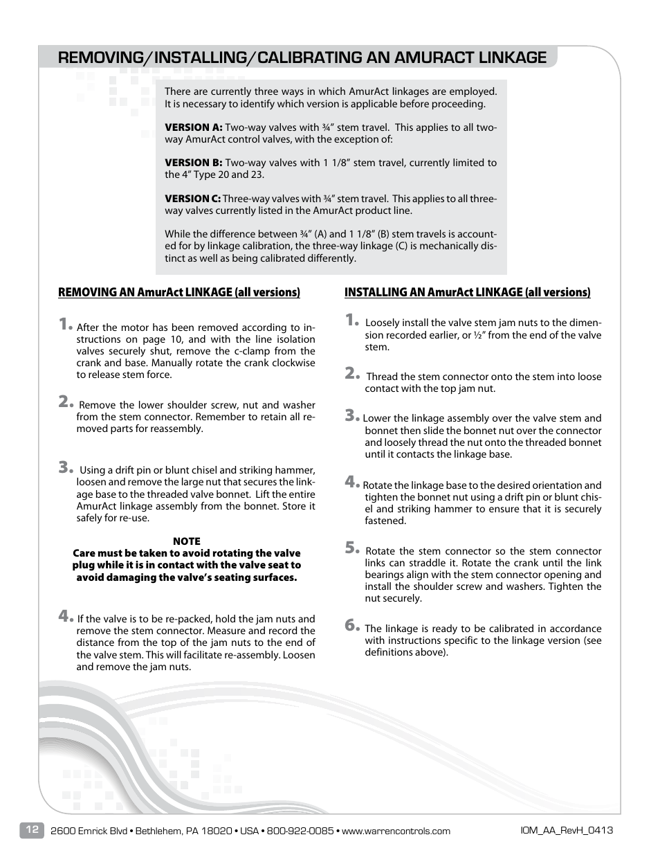 Removing/installing/calibrating an amuract linkage | Warren Controls AmurAct Actuator Linkage and Motor User Manual | Page 12 / 28