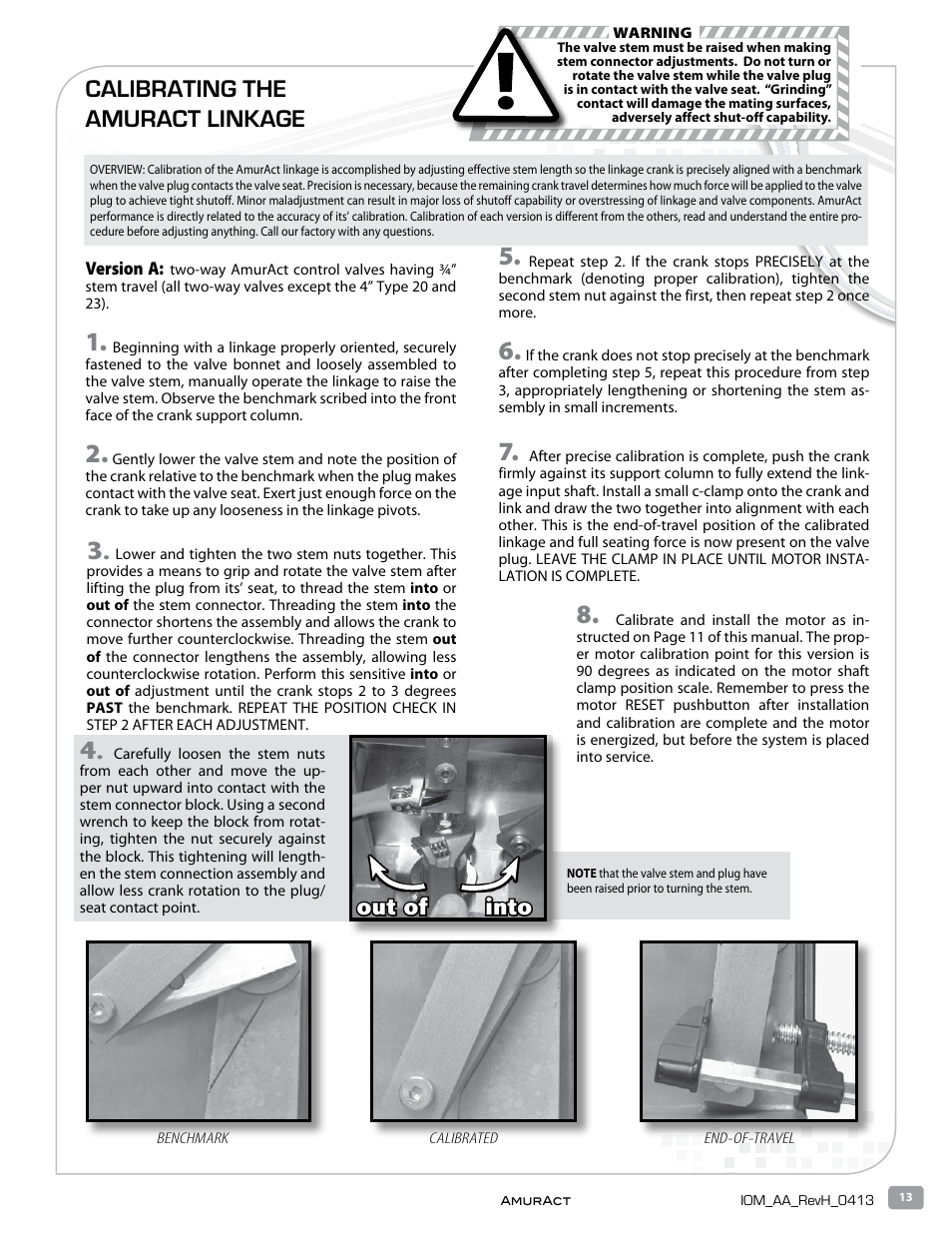 Calibrating the amuract linkage, Into out of | Warren Controls AmurAct Actuator Linkage and Motor User Manual | Page 13 / 28