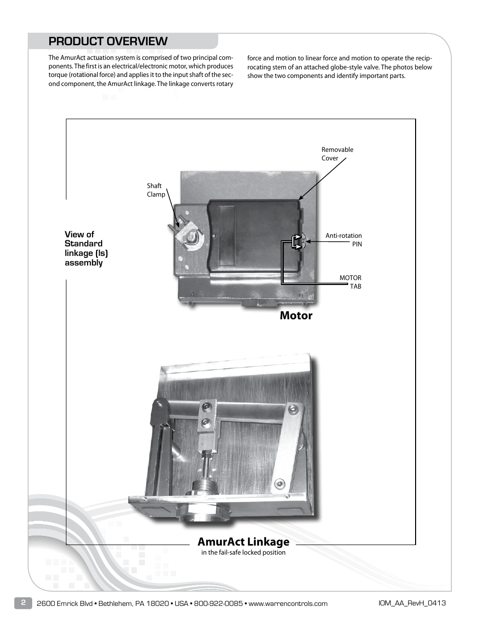 Product overview, Motor amuract linkage | Warren Controls AmurAct Actuator Linkage and Motor User Manual | Page 2 / 28