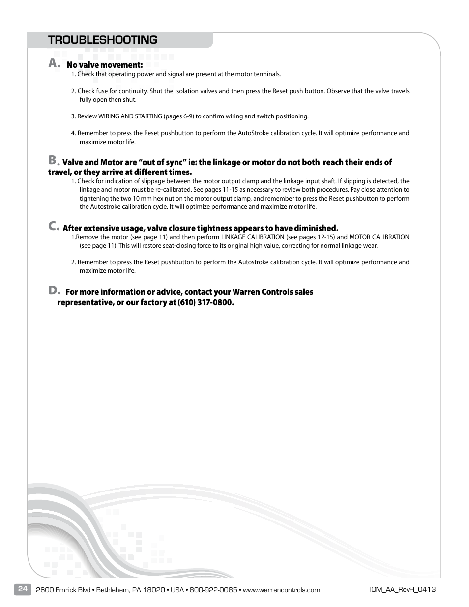 Troubleshooting | Warren Controls AmurAct Actuator Linkage and Motor User Manual | Page 24 / 28