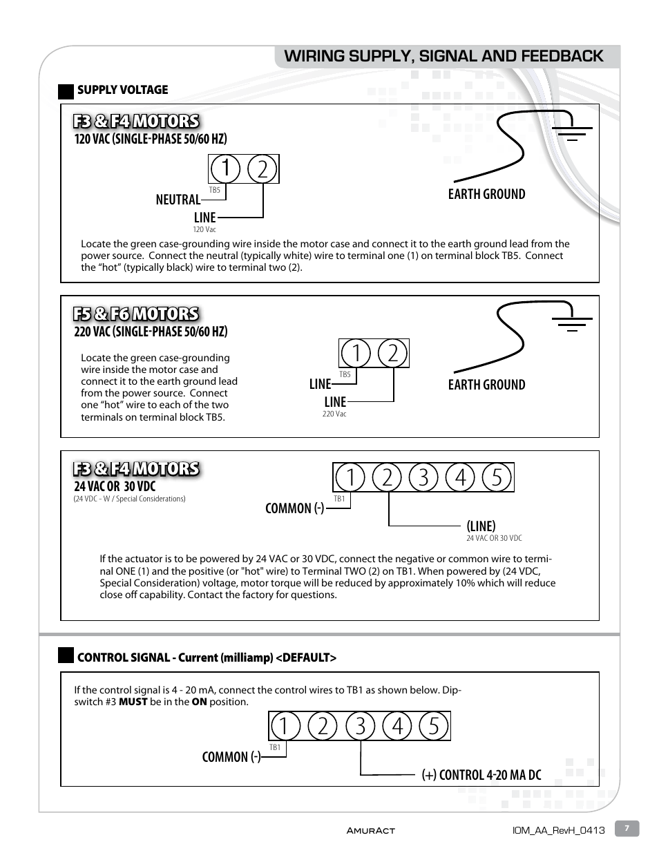 F3 & f4 motors, F5 & f6 motors, Wiring supply, signal and feedback | Warren Controls AmurAct Actuator Linkage and Motor User Manual | Page 7 / 28