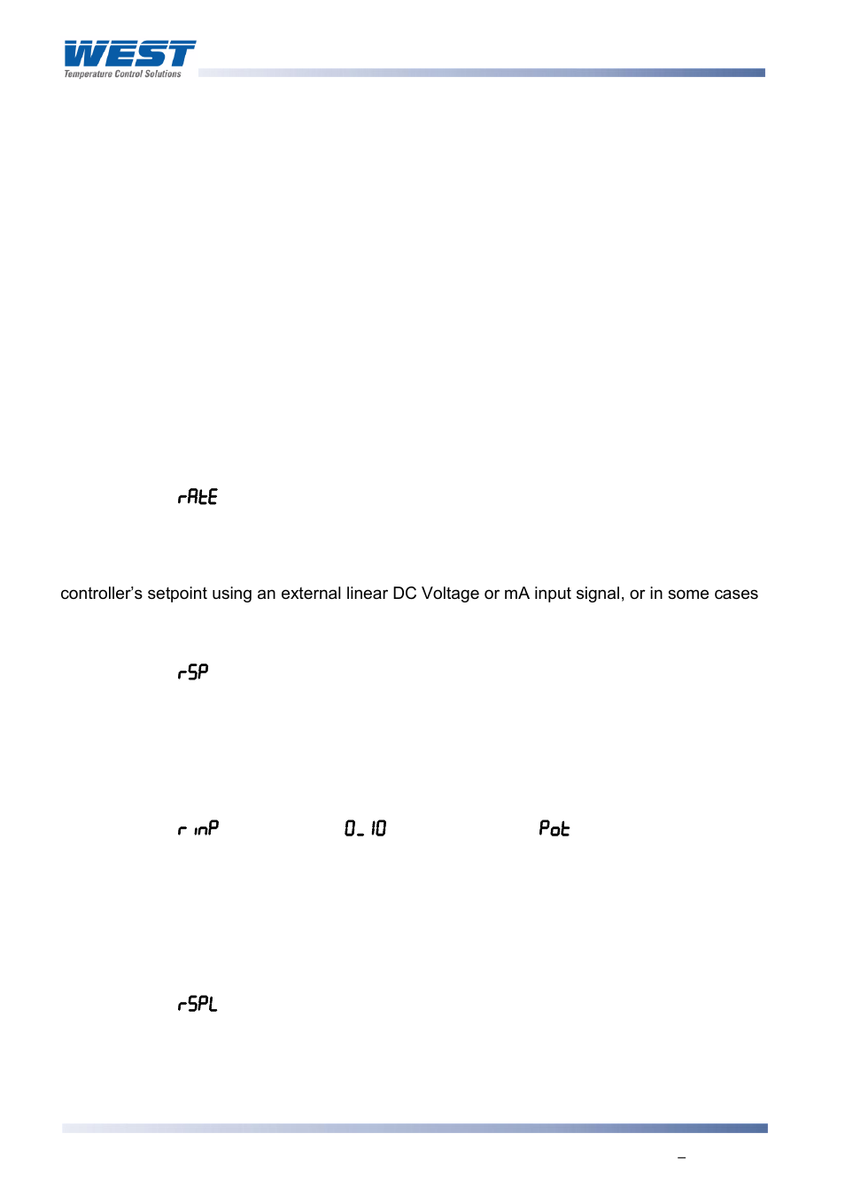 Process variable (pv), Type: general definition, Process variable offset | Type: general parameter, Rate (derivative), Type: controller tuning parameter, Remote setpoint (rsp), Type: controller definition, Remote auxiliary input range, Type: controller parameter | West Control Solutions 8700+ User Manual | Page 155 / 177