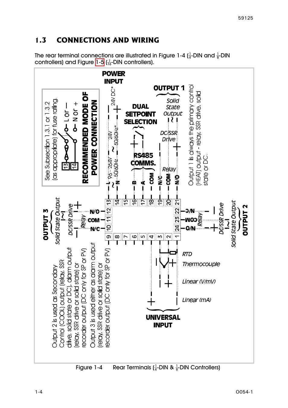 Connections and wiring, 3 connections and wiring, Din and | Din controllers) and figure 1-5, Din controllers), Figure 1-4 rear terminals | West Control Solutions N8100 User Manual | Page 44 / 79