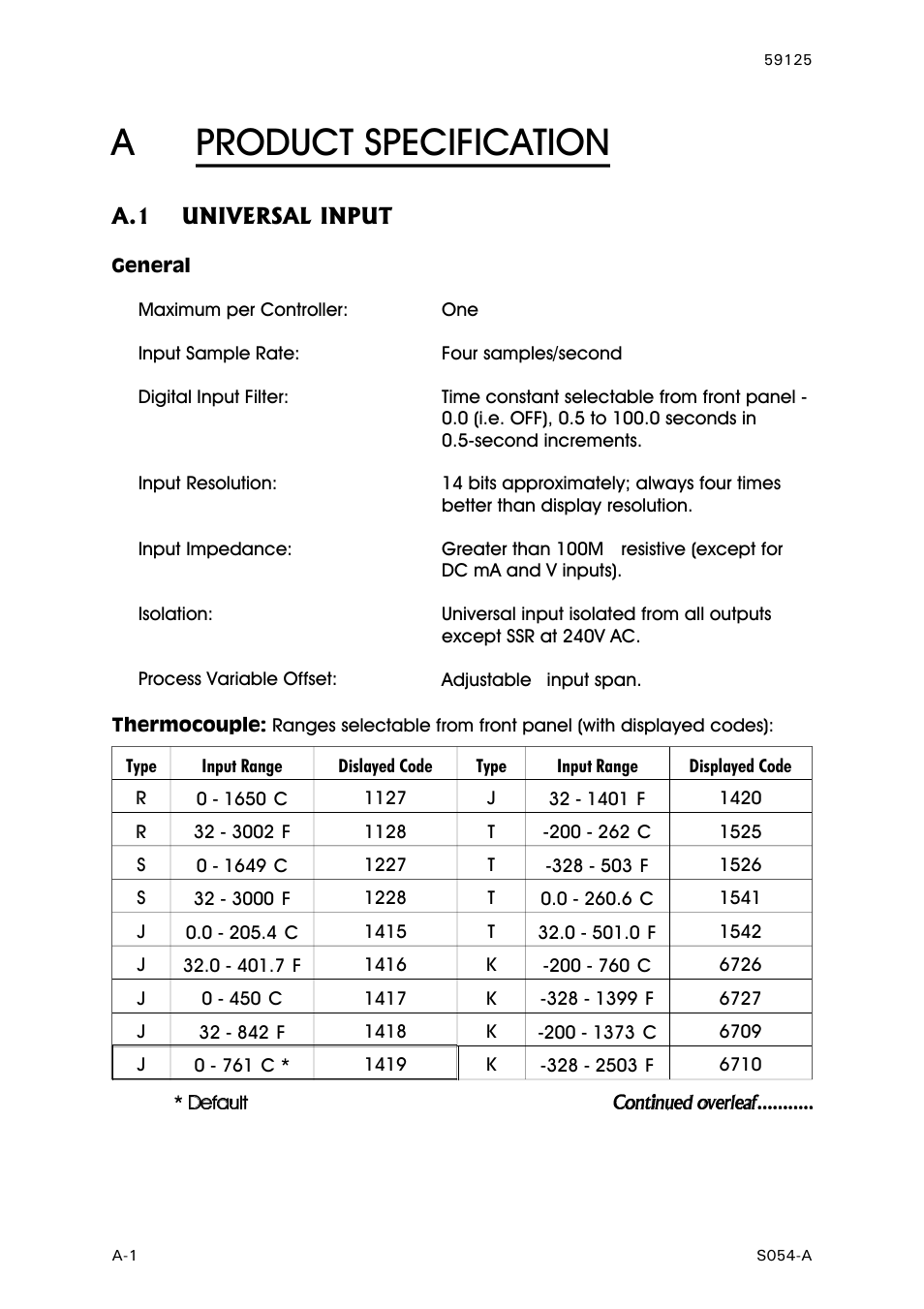 Product specification, Universal input, General | Thermocouple, Aproduct specification | West Control Solutions N8100 User Manual | Page 66 / 79