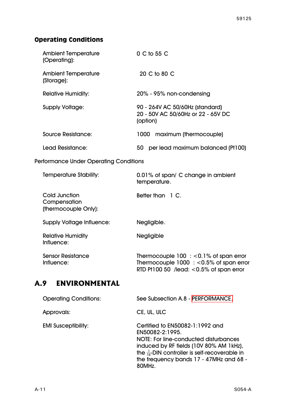 Operating conditions, Performance under operating conditions, Environmental | A-11, A.9 environmental | West Control Solutions N8100 User Manual | Page 76 / 79