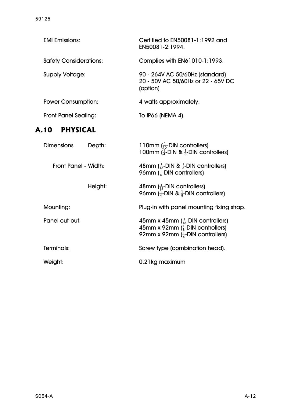 Physical, A-12, A.10 physical | West Control Solutions N8100 User Manual | Page 77 / 79