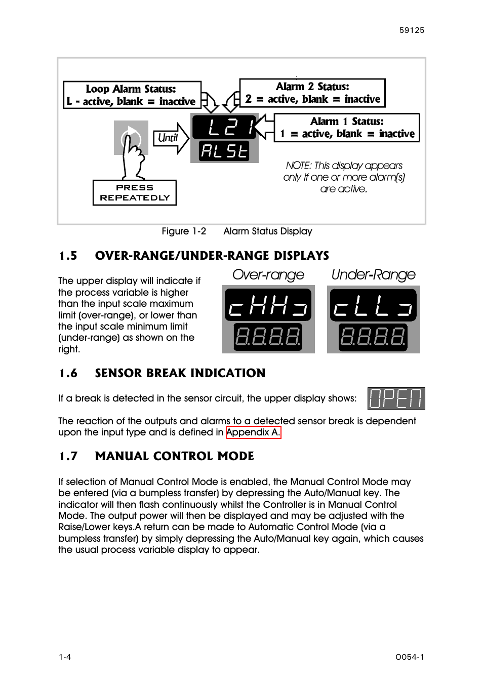 Over-range/under-range displays, Sensor break indication, Manual control mode | West Control Solutions N8100 User Manual | Page 8 / 79